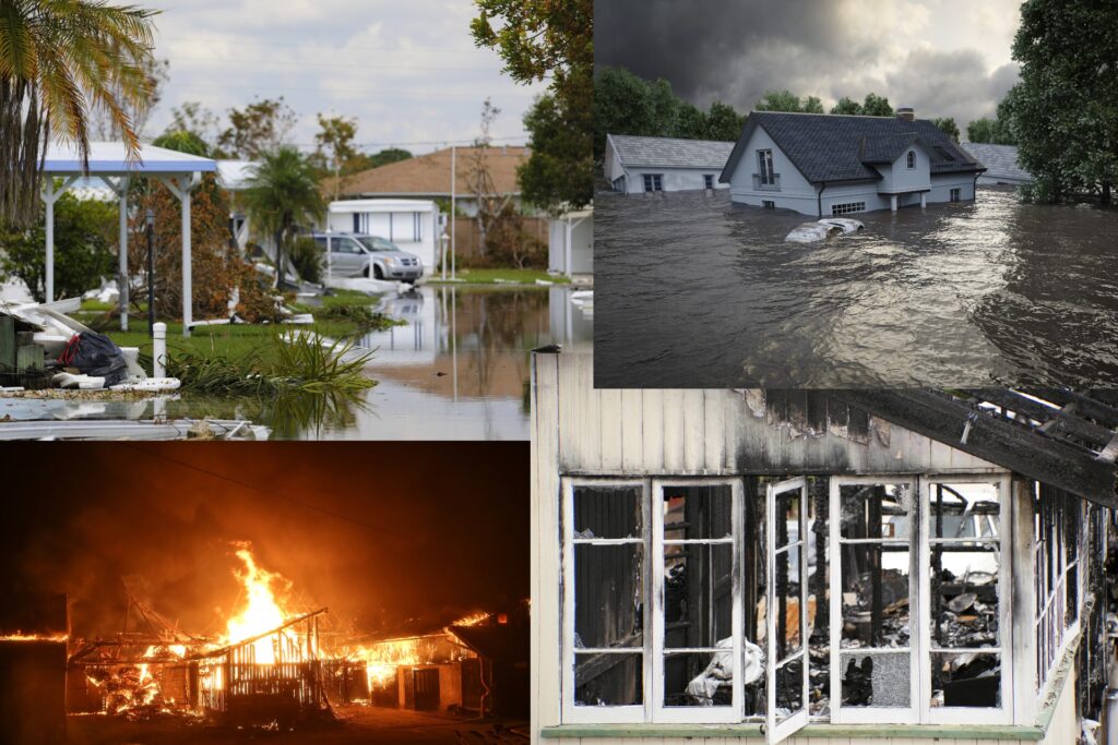 Collage of property disasters including an active house fire, hurricane flooding, smoke and fire damage, and wind damage affecting a house and car